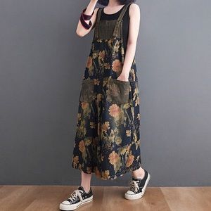 Boho Lagenlook Loose Floral Baggy Denim Wide Leg Drop Crotch Overalls Size 2X